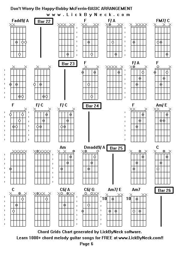 Chord Grids Chart of chord melody fingerstyle guitar song-Don't Worry Be Happy-Bobby McFerrin-BASIC ARRANGEMENT,generated by LickByNeck software.